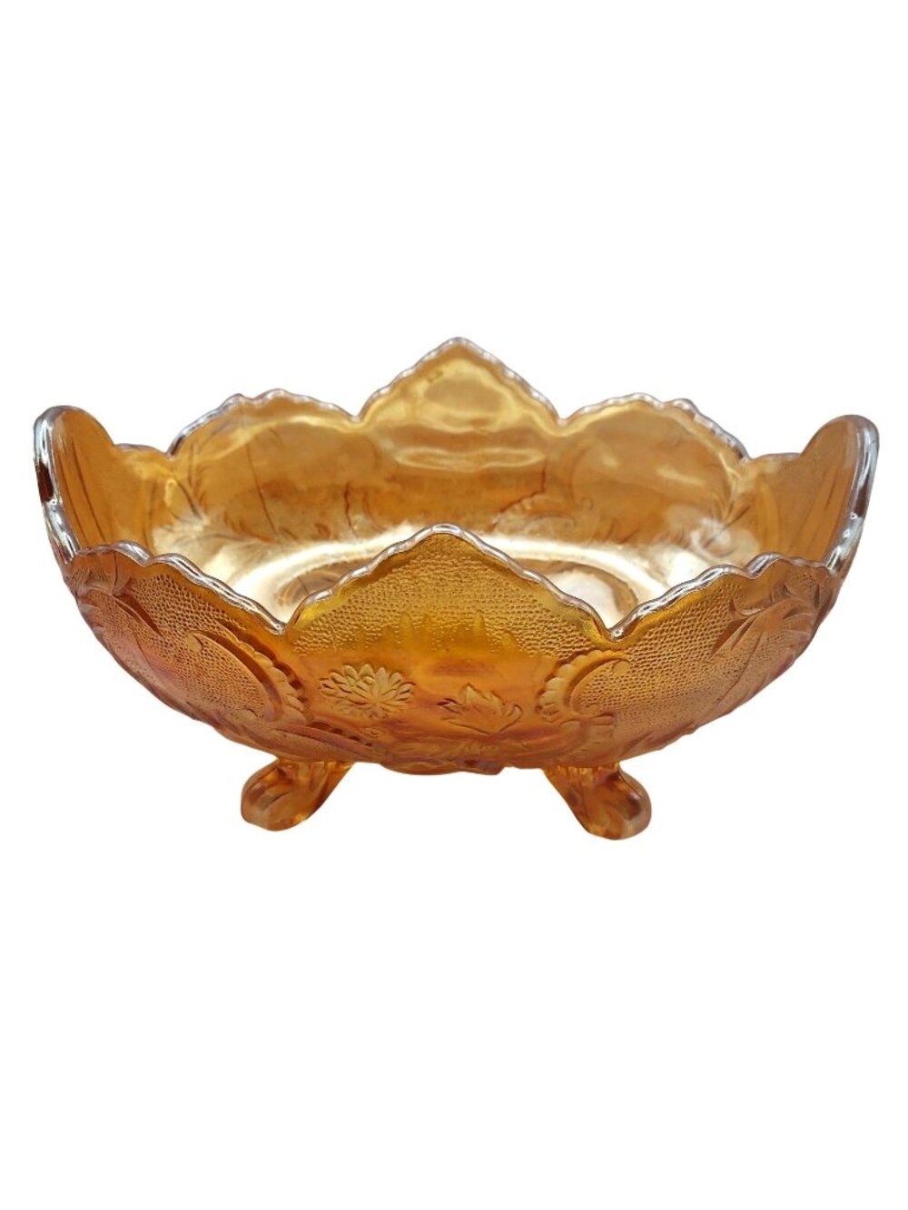 Jeannette Carnival Glass Fruit Bowl Lombardi Marigold Footed Centerpiece Vtg 50s